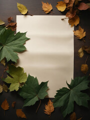Naklejka na ściany i meble empty paper mockup and autumn leaves flat lay on table. AI Generative