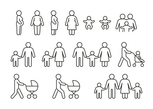 Family with child, line icon set. Kid in stroller walk with father and mother, parents. Pregnant woman. Happy family. Vector illustration