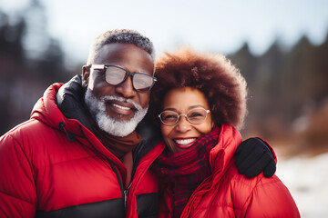 Beautiful elderly heterosexual African American couple in red warm jackets hugging, smiling and looking at camera
