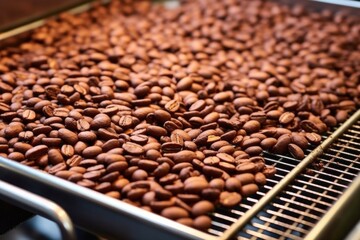 shot of cooling trays filled with roasted beans