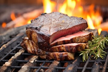 grilled porterhouse steak on stack of raw firewood