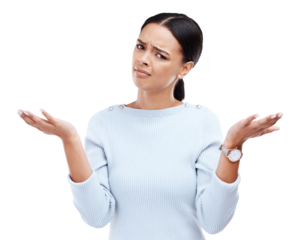 Confused, doubt and portrait of woman shrugging for an unsure decision, choice or question. Face, emoji and female model with dont know or why facial expression isolated by transparent png background