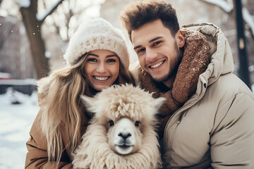 Beautiful young couple in winter clothes having fun with llama in winter park