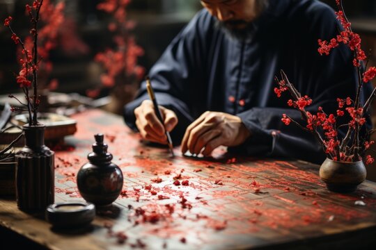Skilled Chinese calligrapher creating beautiful characters, Generative AI