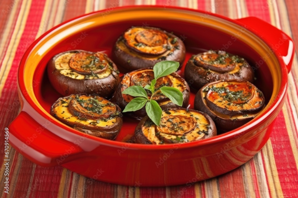 Canvas Prints grilled portobello mushrooms in a red ceramic dish