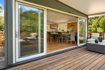 cabins glass sliding doors leading to a wooden deck