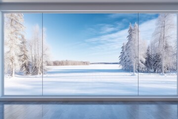 expanse of a glass window with snowy landscape reflection