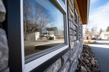 close-up picture of stone detail on cabins walls through window pane