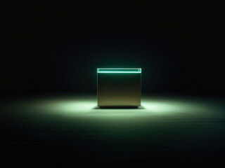 glowing neon green podium in dark. AI Generative