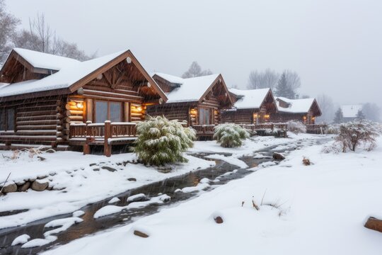 image of snow rustling down over log cabins stony foundation
