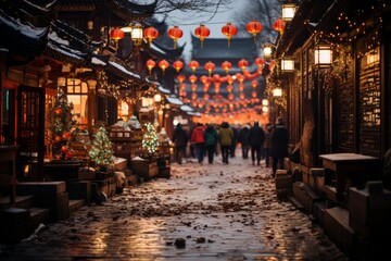  Vibrant lantern-lit streets during Chinese New Year, Generative AI