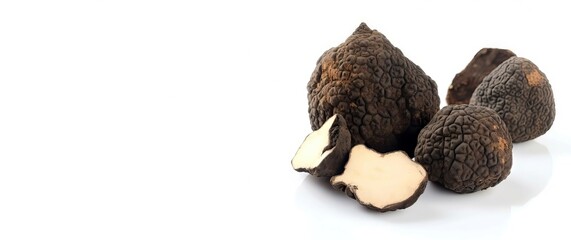 Cut whole black truffles banner. Summer food mushroom tasty. Generate Ai