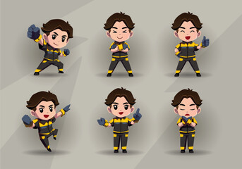 set of man mascot cartoon character in yellow black uniform	