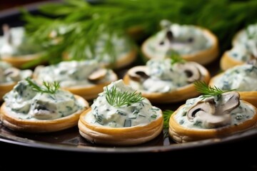 close-up view of baby bella mushrooms filled with gorgonzola - obrazy, fototapety, plakaty