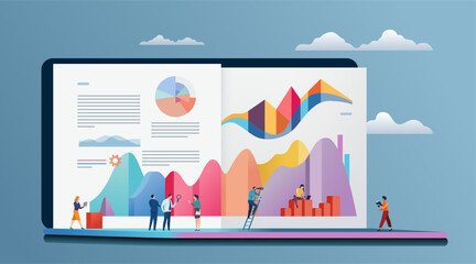 Business creativity. Business graphs come out of a laptop monitor and tiny business people check them. Business vector illustration. Web development team vector illustration.
 - obrazy, fototapety, plakaty