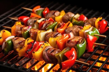 grilled mixed skewers of meat and vegetables - Powered by Adobe