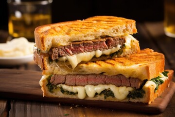 brick-pressed grilled meat sandwich with cheese oozing out