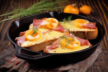 bread with cheese and ham under a brick in grill pan