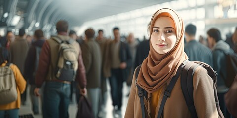 portrait of a young muslim woman, looking at the camera and smiling, standing with a backpack against the airport background