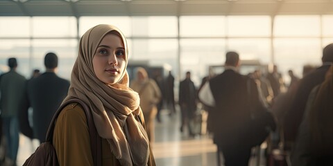 portrait of a young muslim woman, looking at the camera and smiling, standing with a backpack against the airport background - obrazy, fototapety, plakaty