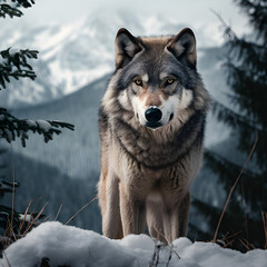 Wolf umgeben von Wald und Berg im Winter