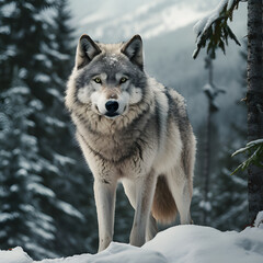 Obraz premium Wolf umgeben von Wald und Berge im Winter