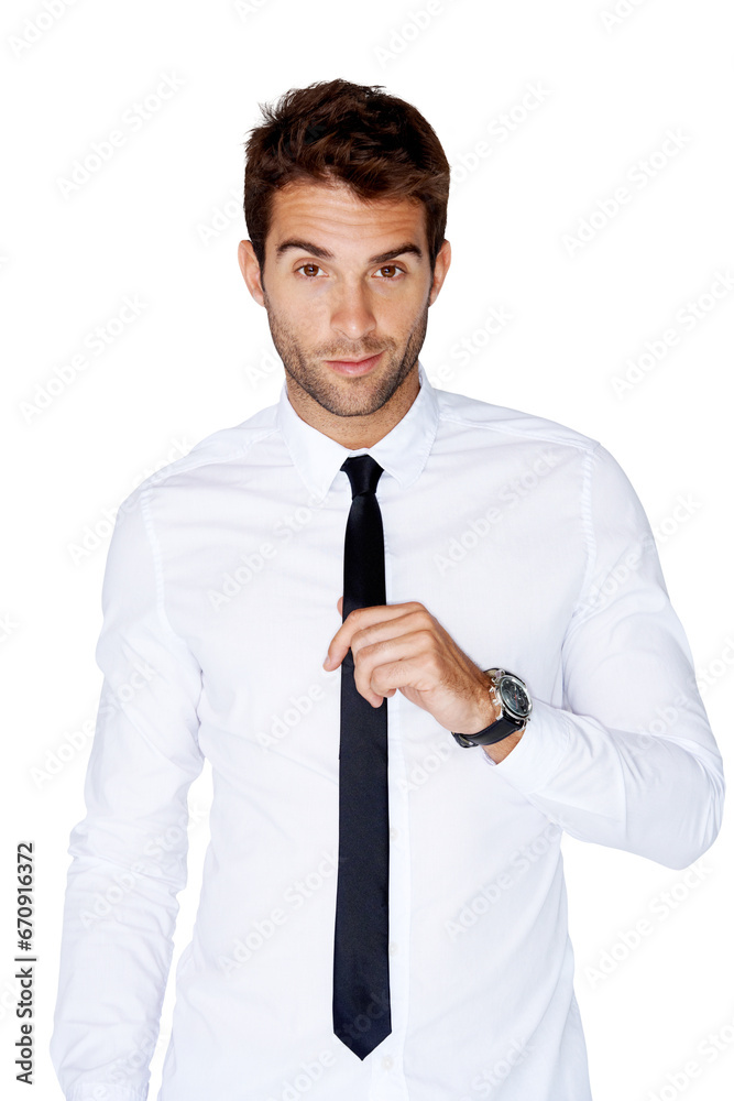Poster portrait, fashion and tie with a man isolated on a transparent background for classy event style. co