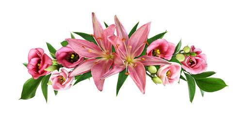 Two coral lilies, eustoma flowers and green leaves of ruscus in a floral arrangement isolated on white or transparent background