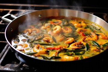 adding prawns into spicy curry on induction stove