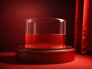 empty glass podium on red background. AI Generative