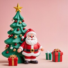 Fototapeta na wymiar Cute Santa Clause standing with gift boxes and decorated Christmas tree