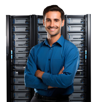 It specialist managing servers isolated on white background, png