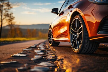 Car on asphalt road on autumn day in countryside. Colored leaves lying under the wheels of the vehicle.  Travel concept. Road trip