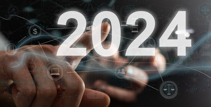 Success new year 2024 concept.Business management,Inspiration concepts ideas Hand hold digital hologram 2024 sign on city dark blurred background