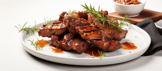Grilled meat with BBQ sauce on a plate