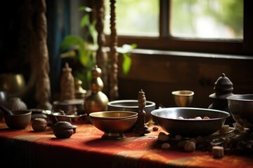 traditional bowls, bells, and dorje in a buddhist meditation setup - obrazy, fototapety, plakaty