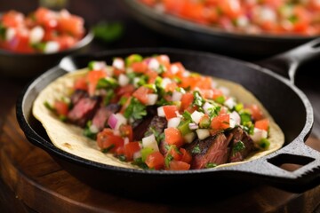 close-up of charred steak taco with salsa on a skillet
