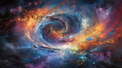 Abstract creativity with yellow, purple and blue brush strokes and oil paint spots in form of spiral of Universe, nebula and clumps of energy on canvas
