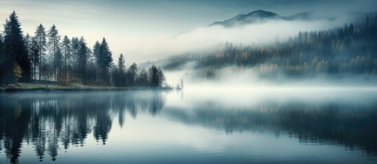 Fototapeta na wymiar Enigmatic mist above woodland waters