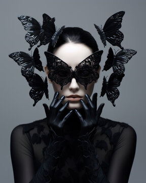 Beautiful woman holding black and purple butterfly