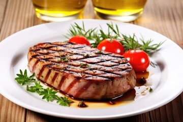 a beautifully grilled tuna steak on a white plate