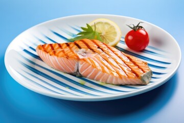 grilled salmon steak with distinct mark lines on a blue dish