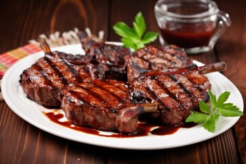 grilled veal chops coated with a tangy barbecue sauce on plate