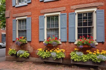 Fototapeta na wymiar close-up of a brick saltbox house with flowering window boxes