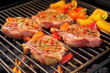 veal chops on a grill with red and yellow bell peppers