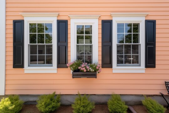 saltbox house with open decorative window shutters