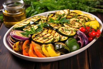 platter with grilled vegetables garnished with fresh herbs