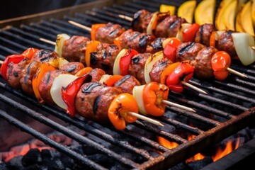 a mix of sausage types on a grill