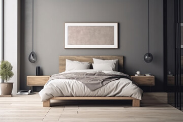Comfortable bedroom interior with a white frame mockup on the wall and a cozy bed, creating a perfect atmosphere for relaxation. AI Generative.