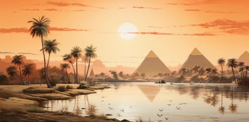 Foto op Canvas landscape view of the pyramids and the Nile river © jambulart